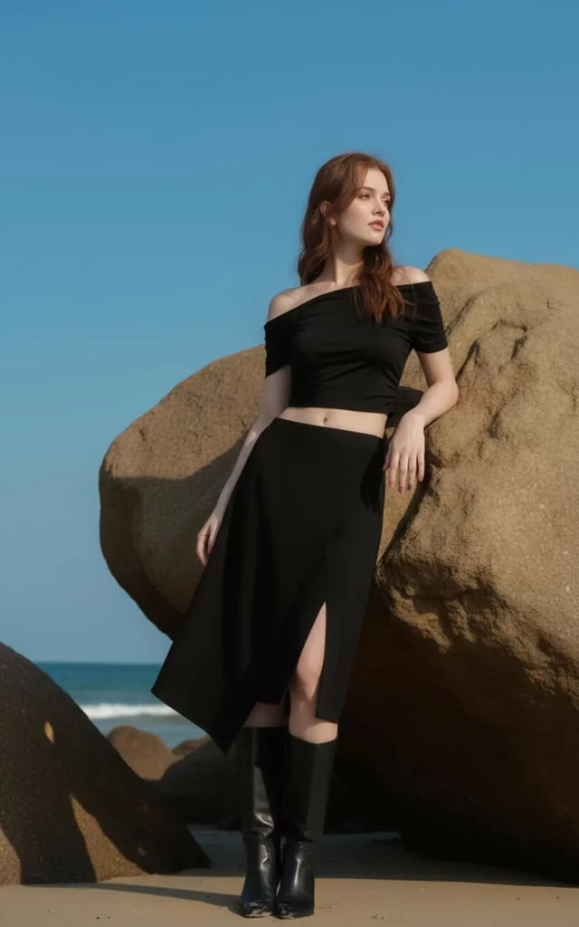 7112ef42-a4e7-475b-8df6-4b88a7e3c17b_1280x2048png_preview – WeShop AI Blog AI Pose Generator result showing the same woman leaning naturally against a large seaside rock.