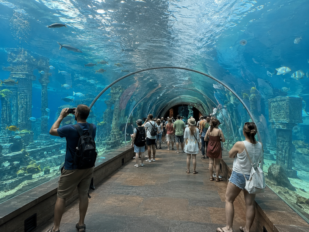 766D1ABC-11EB-4B27-A3AF-E572D894EC52 – WeShop AI Blog GPT Image 2 vacation photo showing tourists exploring an underwater city through a transparent ocean tunnel with marine life outside.