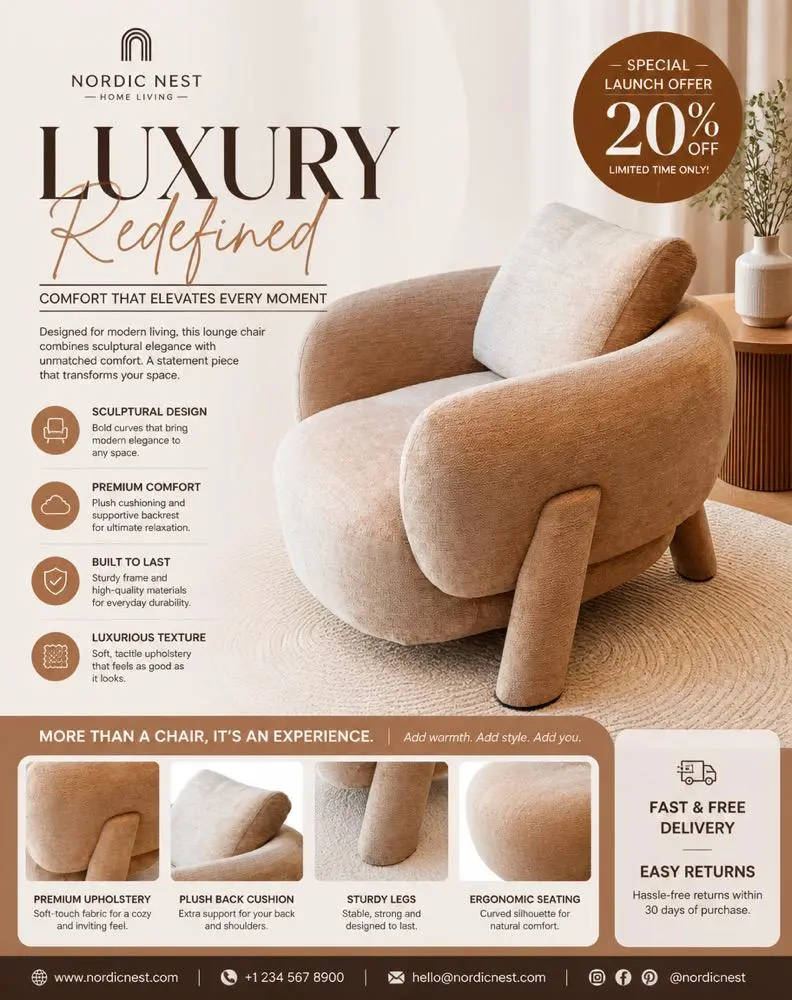 7ab0cb77-8804-45c3-9484-fa9ba7fe9360_792x1000png_preview – WeShop AI Blog Nordic Nest furniture flyer featuring a sculptural armchair, neutral styling, product details, and a 20% discount.