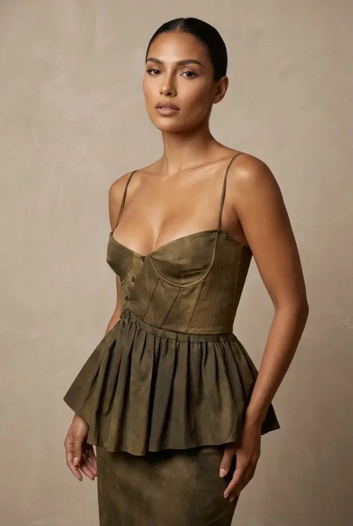 Female model wearing a brown corset-style peplum top created with Virtual Try-On.