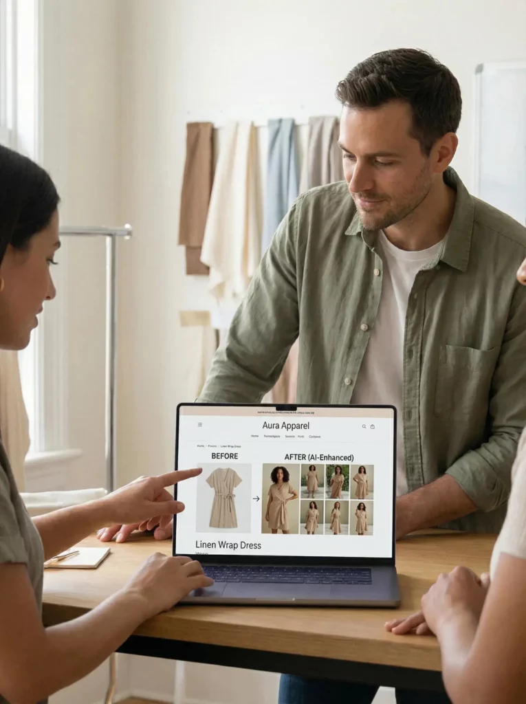 Fashion team reviewing before-and-after outfit images created with Virtual Try-On on a laptop.