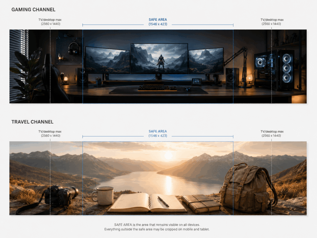 8 – WeShop AI Blog Gaming and travel YouTube banner examples with marked safe areas and extended crop zones