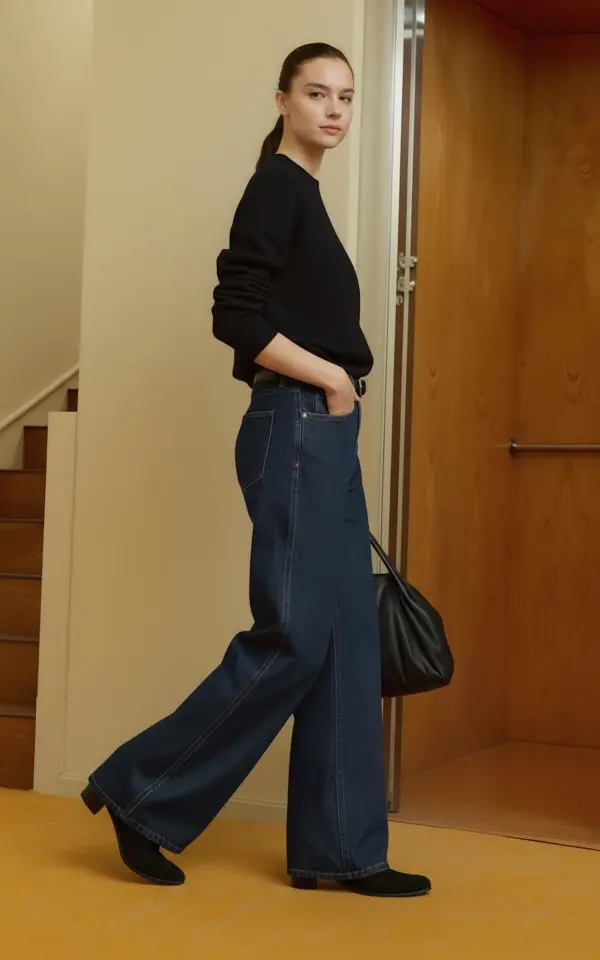 8597538d-154a-4214-a469-6d286c1cfbef_1280x2048png_width600 – WeShop AI Blog AI Pose Generator result showing the same model walking in a black sweater and wide-leg jeans while carrying a handbag.