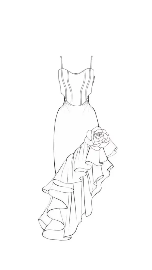 872ba7c1-28c8-48c3-8acf-826cc50ac95c_675x1200png_preview – WeShop AI Blog Fashion line drawing of a fitted dress with thin straps, a corset-style bodice, and layered side ruffles.