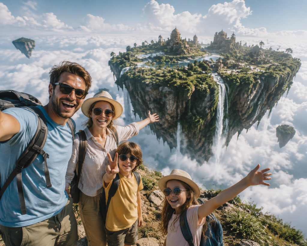 881BA2A6-F4FC-4CAF-AA9F-58841C817D74 – WeShop AI Blog AI-generated vacation photo of a family visiting a floating island above the clouds with a fantasy landscape in the background.