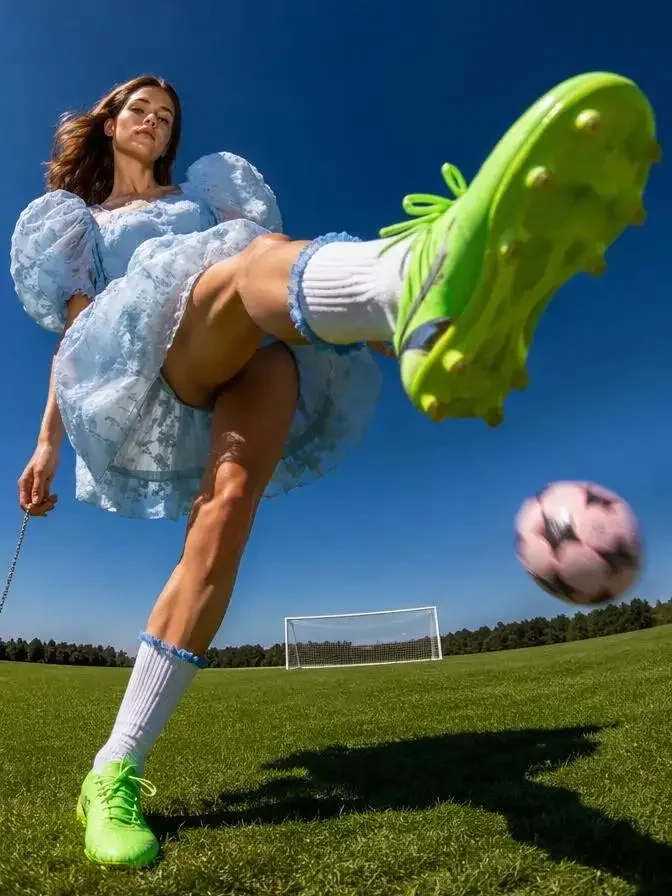 8d2179ce-d34b-4046-ba6f-67a86eeb3e1d_672x1024png_preview – WeShop AI Blog Low-angle sports photo of a woman in a blue dress kicking a football while wearing bright green shoes.