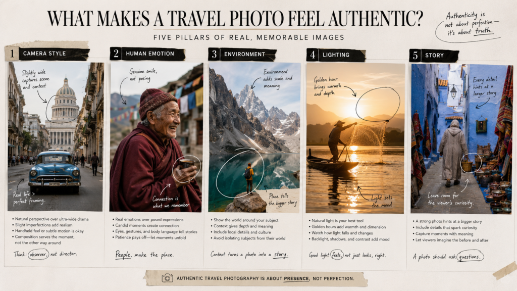 926CD497-893C-4D62-B5E8-3A9111715305 – WeShop AI Blog Editorial comparison board explaining camera style, human emotion, environment, lighting, and story behind realistic AI travel photos.