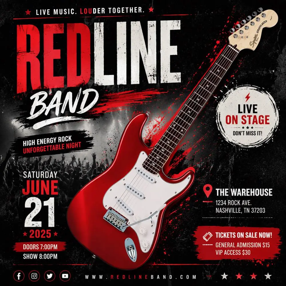 9c2bf479-92e0-40a7-8fb0-03ad492da257_1000x1000png_preview – WeShop AI Blog Red Line Band concert flyer featuring an electric guitar, bold red typography, and live event details.