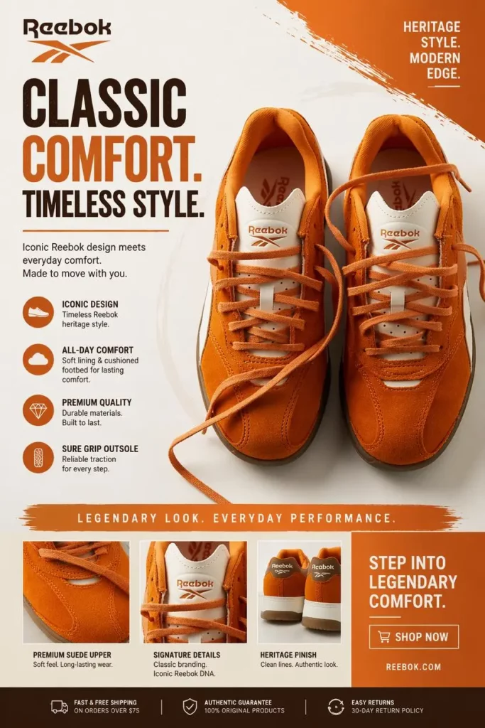 9ddc7a01-bfb3-43d8-ba38-20ca9bfe811c_832x1248png_preview – WeShop AI Blog Classic Comfort footwear flyer featuring orange sneakers, product benefits, lifestyle details, and a shopping CTA.