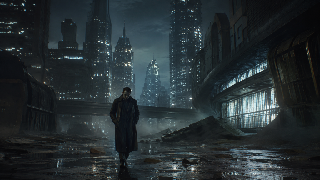AB13AE4B-D64A-4083-A24B-36D6B7CE87B3 – WeShop AI Blog A cinematic GPT Image 2 creative scene showing a detective walking through an abandoned futuristic city at midnight with dramatic lighting and fog.