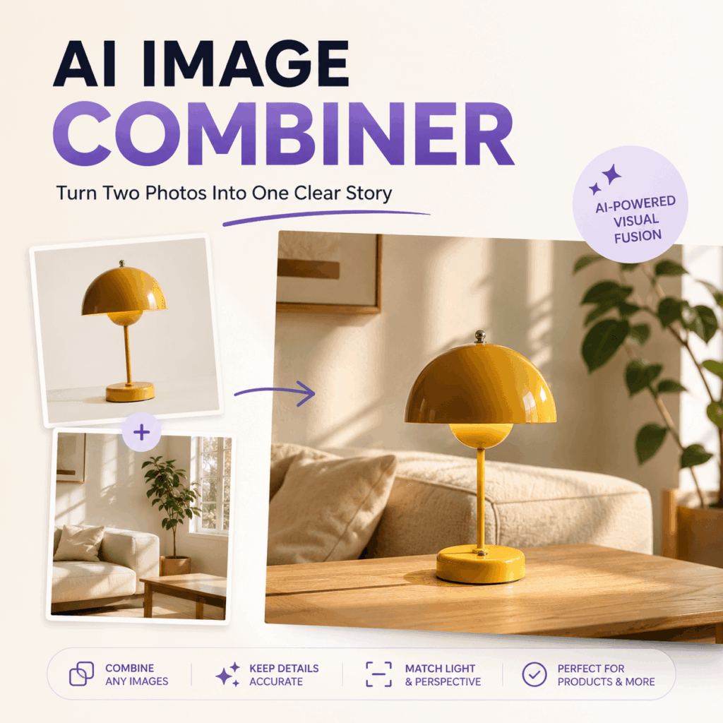 AI Image Combiner cover showing two separate photos blending into one polished lifestyle image.