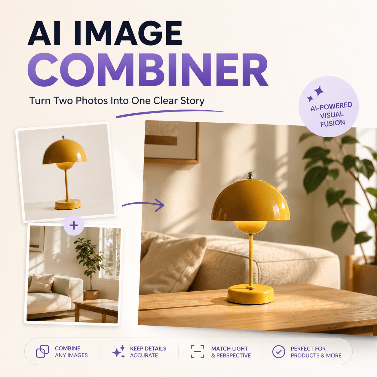 AI Image Combiner cover showing two separate photos blending into one polished lifestyle image.