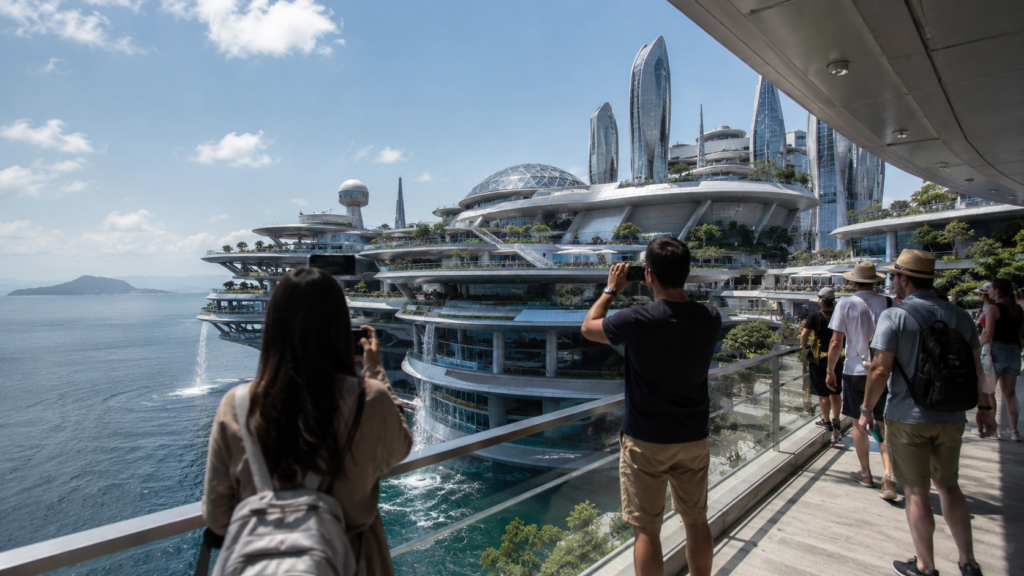 BA887593-B9A5-4C27-AE03-AF70A0EC6950 – WeShop AI Blog GPT Image 2 creative scene showing tourists exploring a futuristic floating city above the ocean with realistic travel photography style.