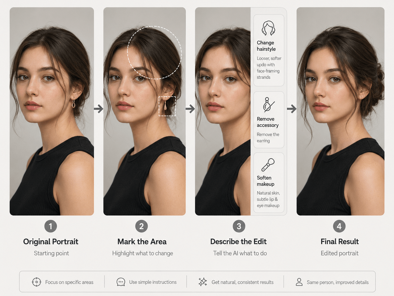 Seedream 5.0 Pro local portrait editing workflow showing how users mark specific areas, describe hairstyle, accessory, and makeup changes, then generate a consistent final result.