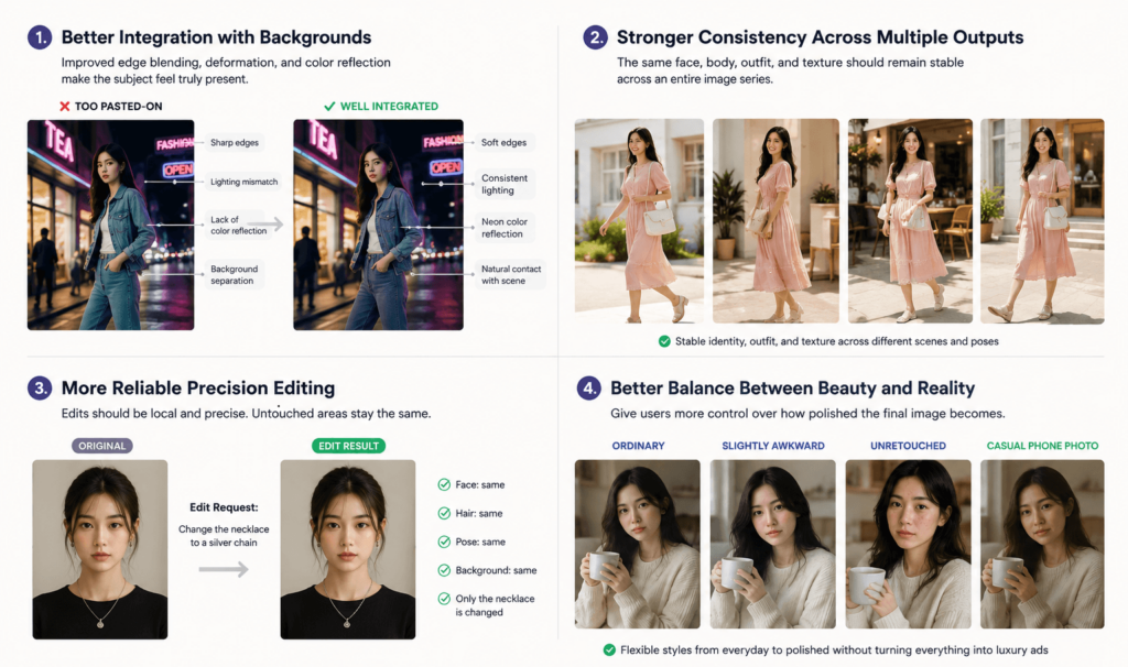 Seedream 5.0 Pro improvement guide comparing better background integration, stronger consistency across multiple portraits, more precise local editing, and a more natural balance between beauty and realism.