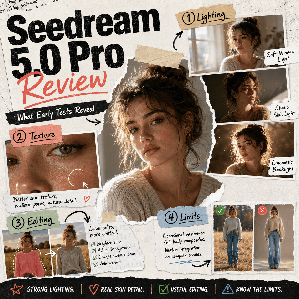 Seedream 5.0 Pro review collage highlighting portrait lighting, realistic skin texture, local editing, and the pasted-on look found in some full-body results.