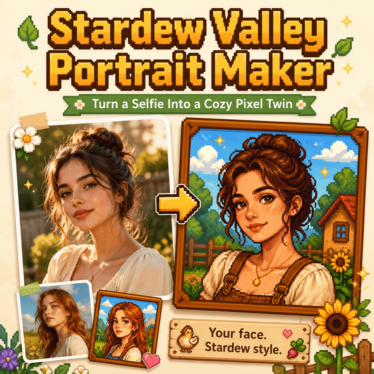 Stardew Valley Portrait Maker turning a selfie into a cozy pixel-art character.