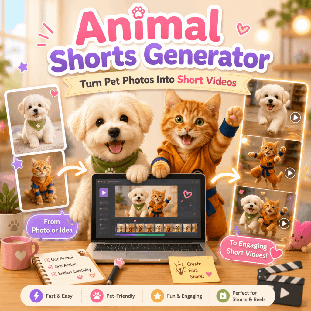 Animal Shorts Generator turning pet photos of a puppy and cat into engaging short videos for social media.
