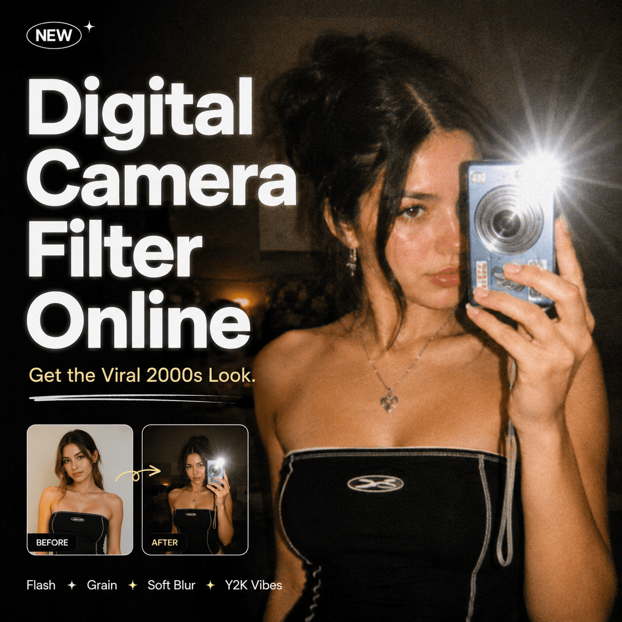 Digital Camera Filter Online cover showing a woman taking a flash mirror selfie, with a small before-and-after example, visible grain, soft blur, and a nostalgic Y2K camera look.