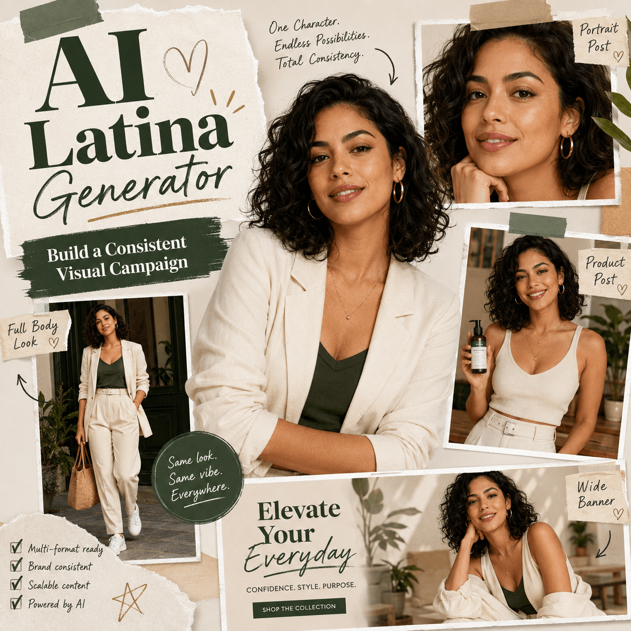AI Latina Generator collage featuring the same Latina woman in a portrait, product post, full-body fashion look, and wide banner to show a consistent visual campaign.