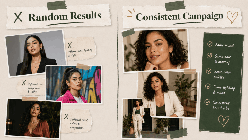 Side-by-side comparison of random AI Latina Generator results with different hairstyles, lighting, outfits, and backgrounds versus a consistent campaign featuring the same woman, color palette, warm lighting, and brand style.