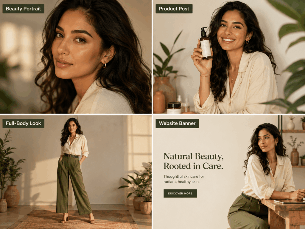 AI Latina Generator visual set showing the same Latina woman in a beauty portrait, skincare product post, full-body fashion look, and website banner.