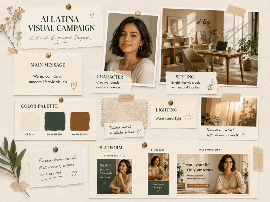 AI Latina Generator campaign creative brief mood board featuring a Latina woman, cream, dark green and warm brown color swatches, natural lighting, a bright studio setting, fabric textures, and social media layout ideas.