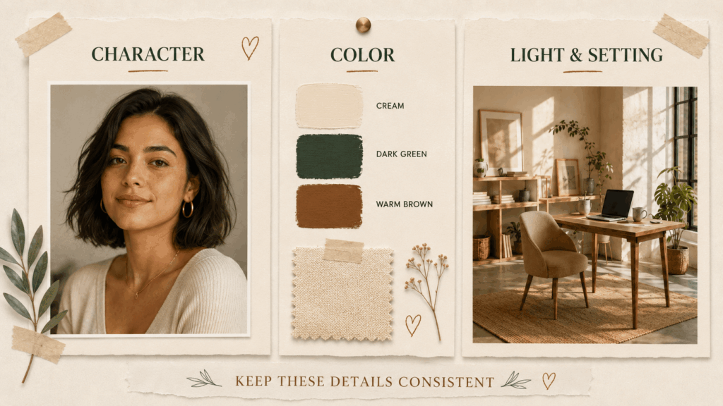 AI Latina Generator visual anchor board showing a Latina woman’s consistent character design, cream, dark green and warm brown colors, plus warm natural light in a modern studio.