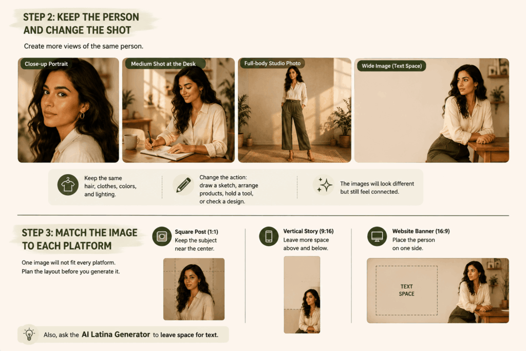 AI Latina Generator infographic showing the same Latina woman in close-up, desk, full-body, and wide shots, plus square, vertical, and website banner layouts with text space.