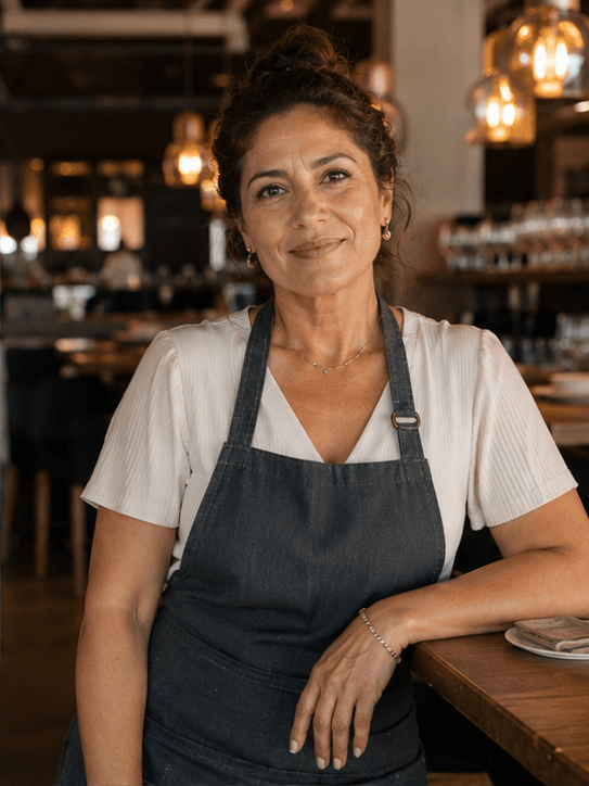 AI Latina Generator portrait of a middle-aged Latina restaurant owner wearing an apron and standing beside the counter in her warmly lit restaurant.
