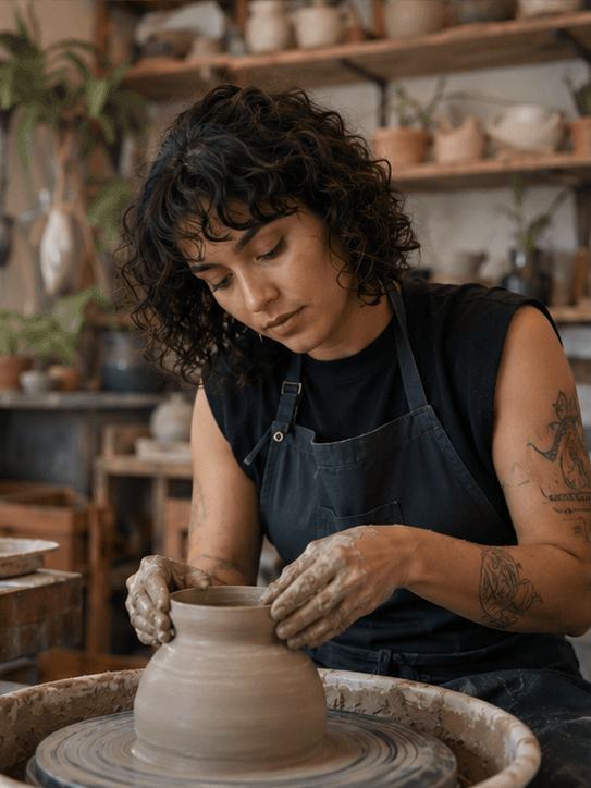 AI Latina Generator image of a young Latina ceramic artist shaping a clay pot by hand in a natural, sunlit pottery studio.