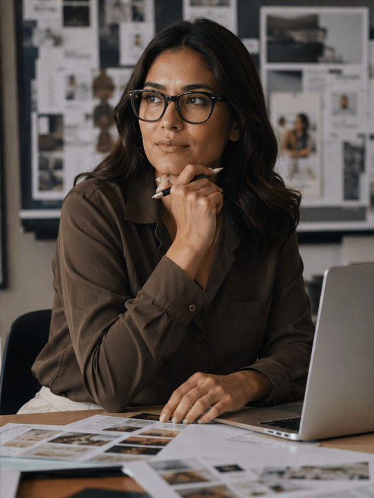 AI Latina Generator portrait of a Latina creative director wearing glasses and reviewing visual ideas at a desk inside a modern design studio.