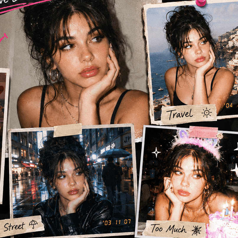 ChatGPT Image 2026年7月18日 21_22_33 1 – WeShop AI Blog 2000s Camera Effect comparison showing the same woman in five retro photo styles, including party flash, travel, mirror selfie, rainy street, and an overedited birthday look.