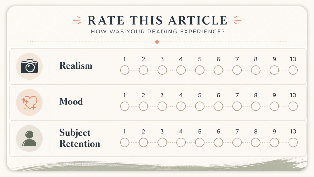 ChatGPT Image 2026年7月18日 21_49_53 1 – WeShop AI Blog Horizontal rating card infographic for evaluating retro photo results, featuring three categories—Realism, Mood, and Subject Retention—each with a 1 to 10 score scale and a matching icon.