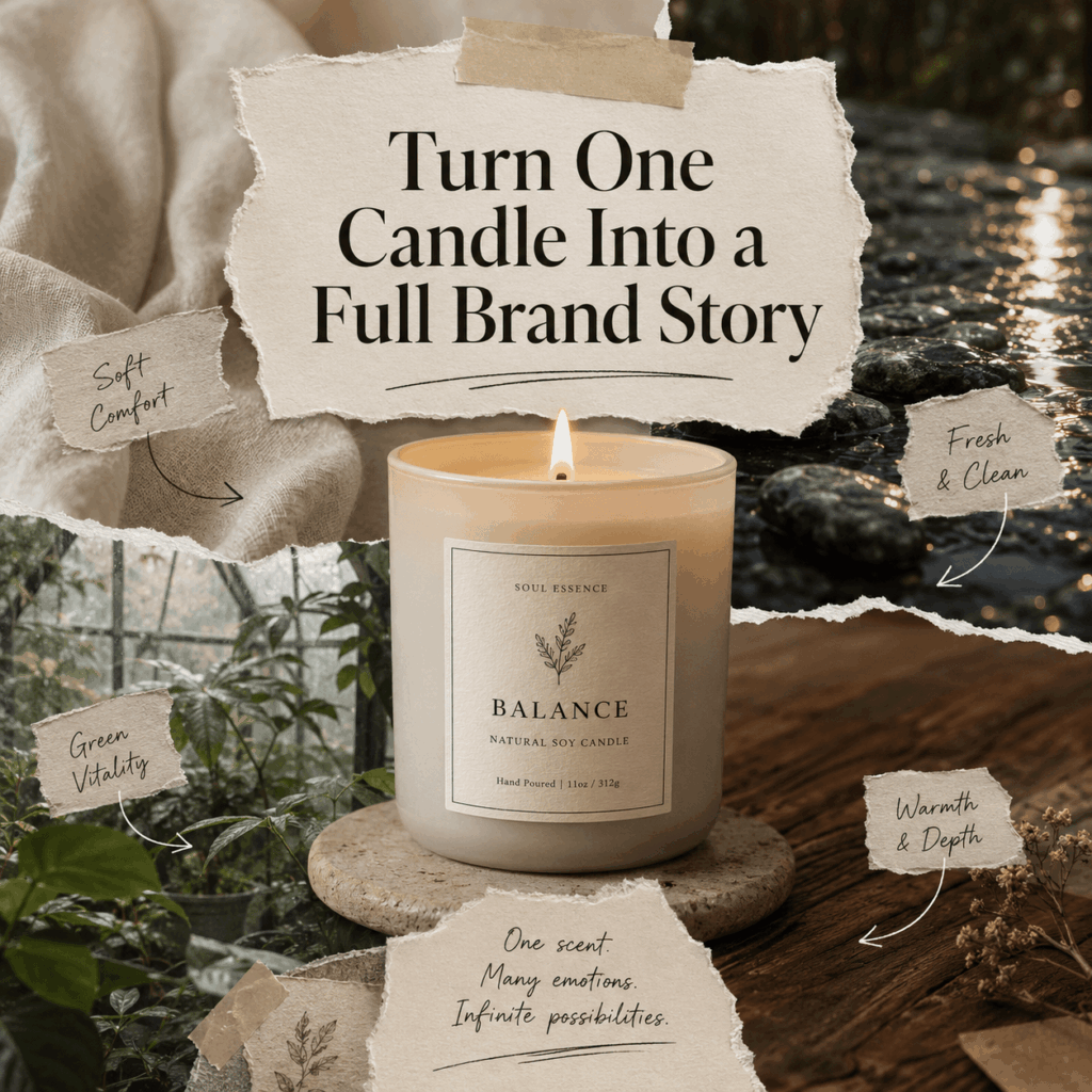 A lit candle surrounded by linen, rain-soaked stone, greenhouse plants, and warm wood, showing how one product can become a complete brand story.