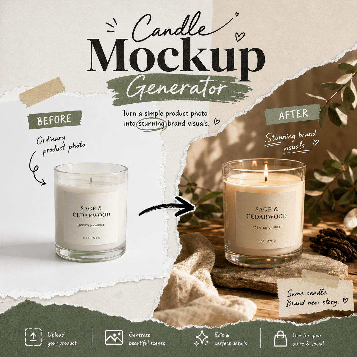 Candle Mockup Generator before-and-after comparison showing a plain white-background candle photo transformed into a warm lifestyle brand visual.
