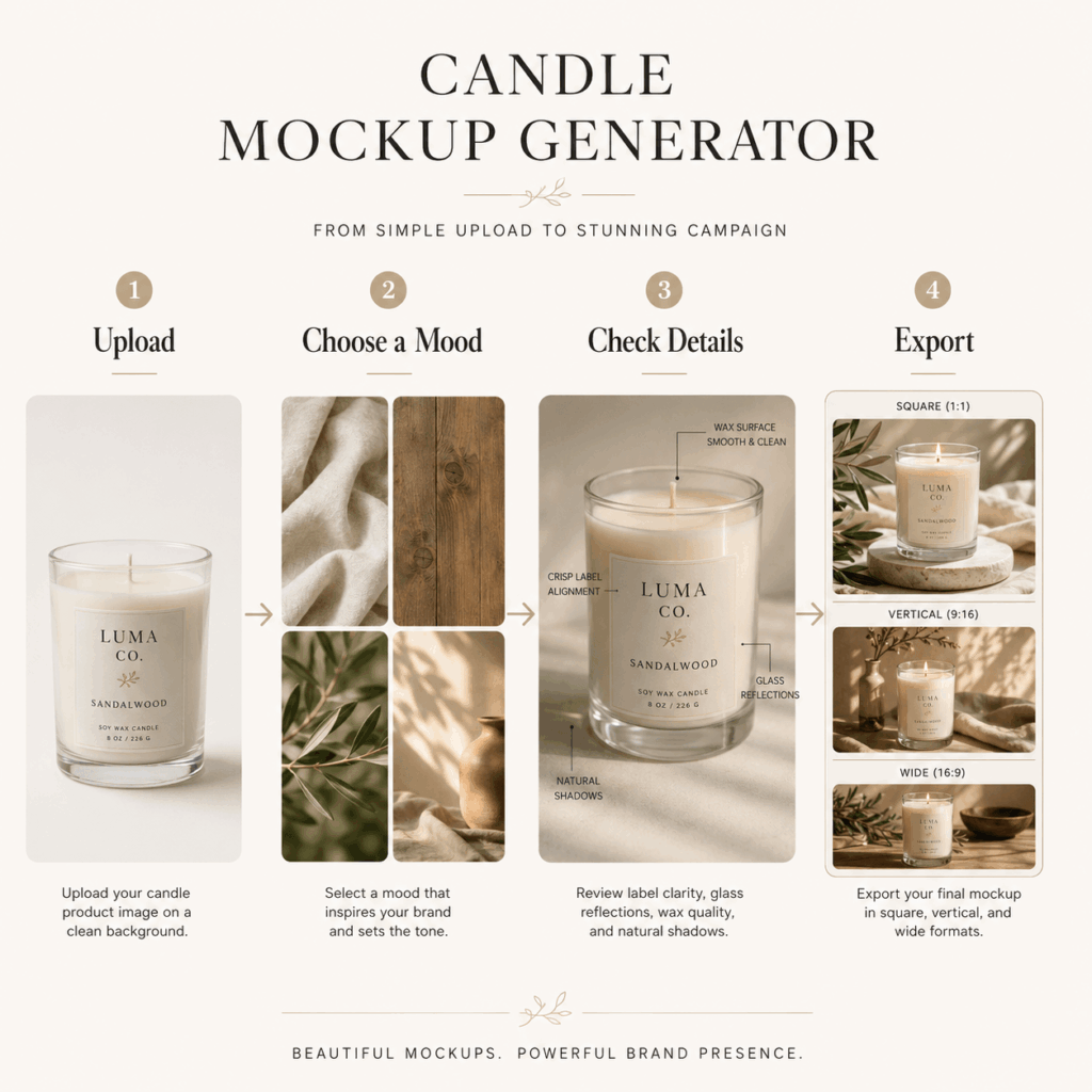 Four-step Candle Mockup Generator workflow showing how to upload a candle photo, choose a mood, check product details, and export different formats.