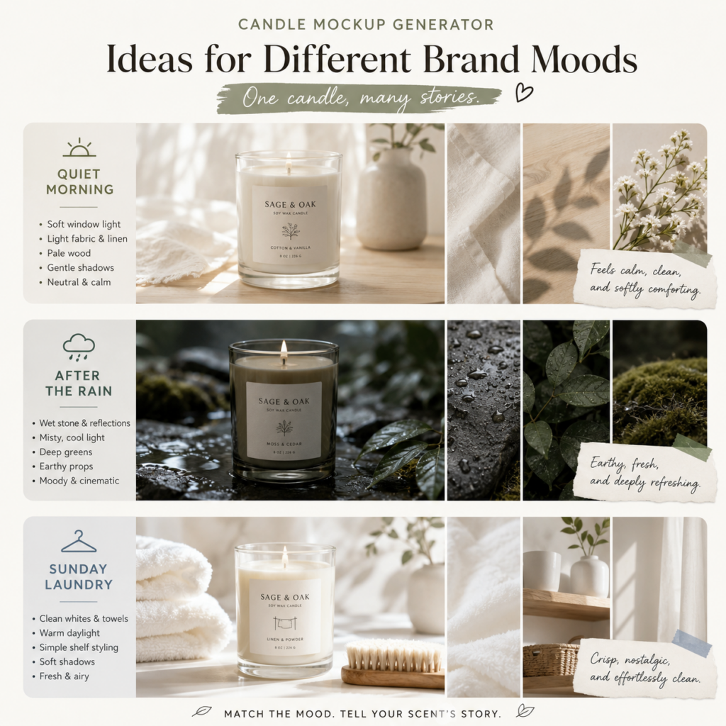 Candle Mockup Generator mood board showing the same candle styled in Quiet Morning, After the Rain, and Sunday Laundry scenes.