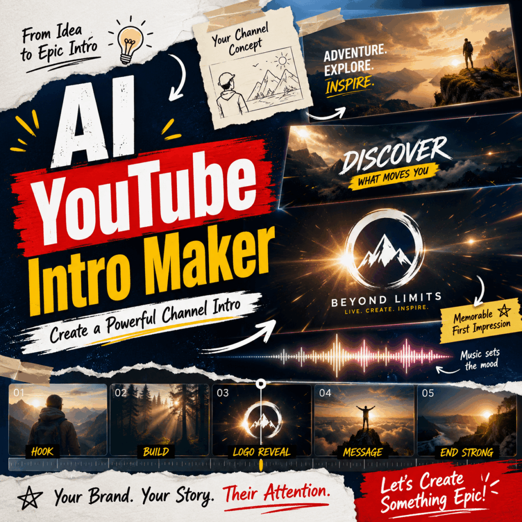 AI YouTube Intro Maker – WeShop AI Blog AI YouTube Intro Maker collage showing channel concepts, cinematic intro frames, logo reveal, music waveform, and video storyboard scenes.