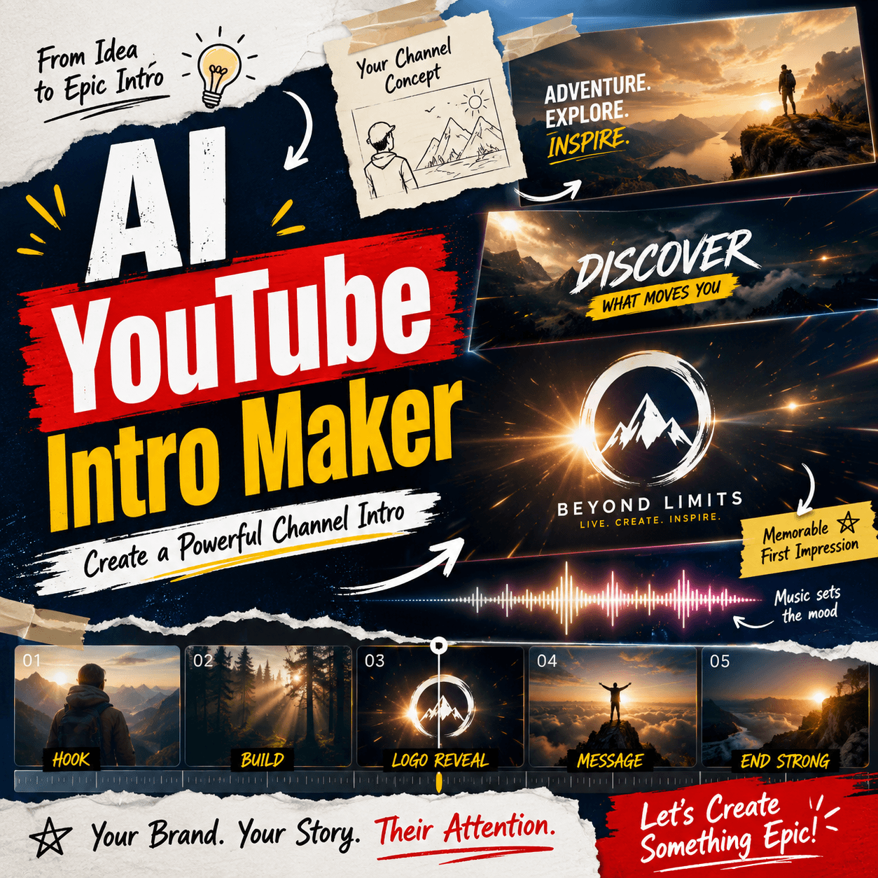 AI YouTube Intro Maker collage featuring channel concepts, cinematic intro frames, logo reveal animation, music waveform, and storyboard scenes.