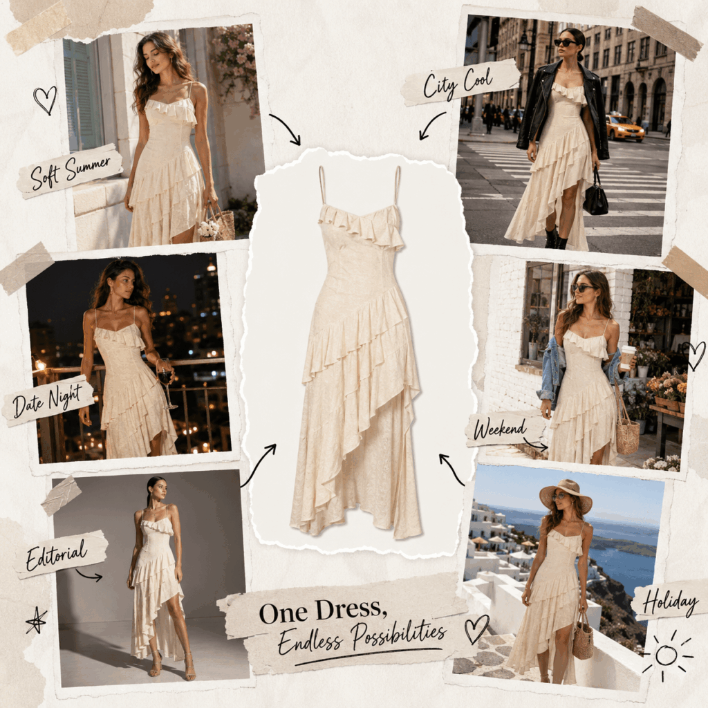 AI Outfit Changer collage showing one cream dress styled for soft summer, city, date night, weekend, editorial, and holiday looks.
