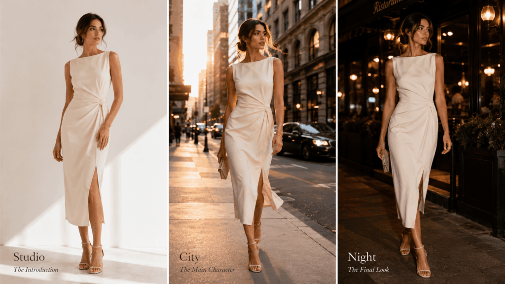 AI Outfit Changer fashion story showing the same woman in an ivory dress across studio, city, and night scenes.