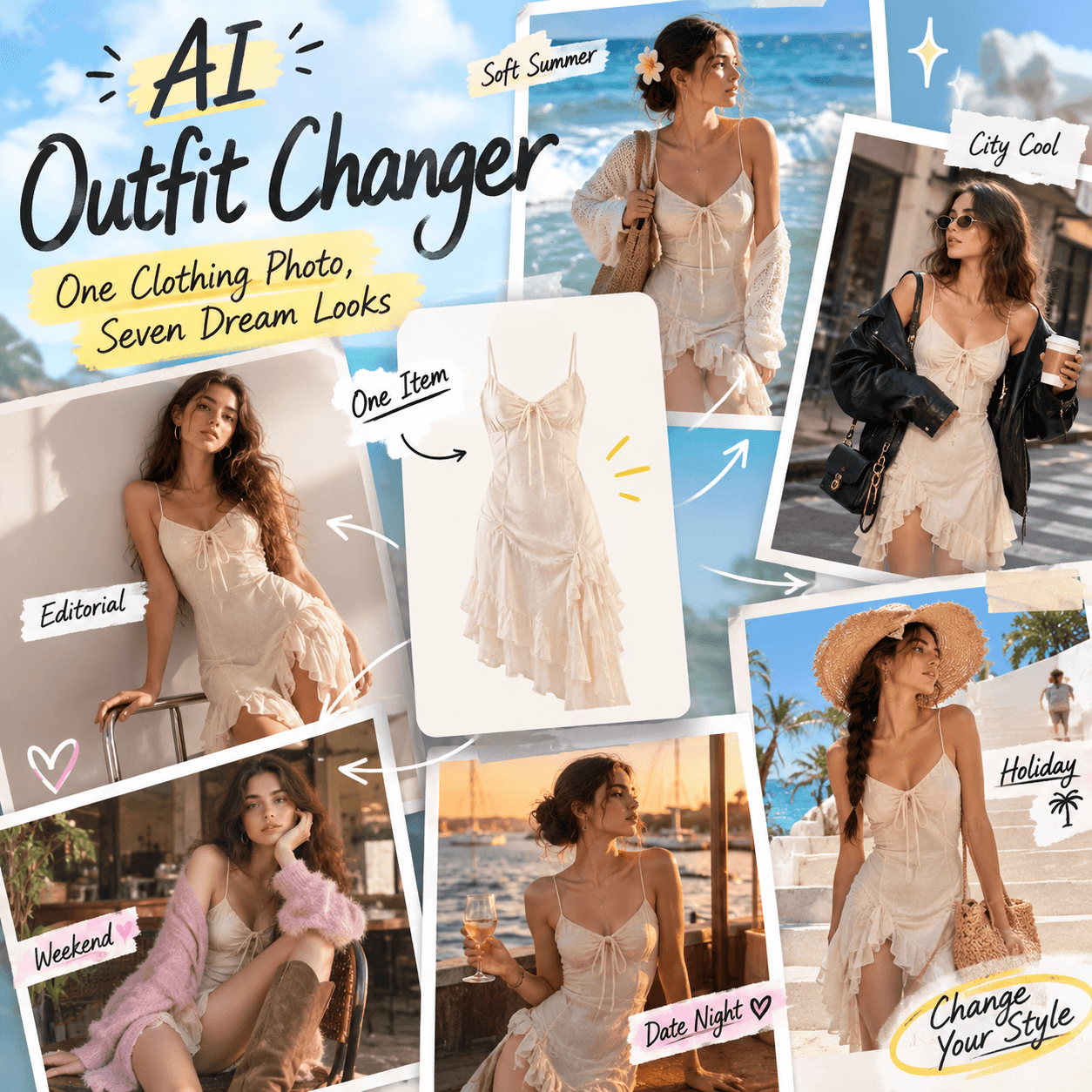 AI Outfit Changer collage showing one cream dress styled for soft summer, city, weekend, date night, editorial, and holiday looks.