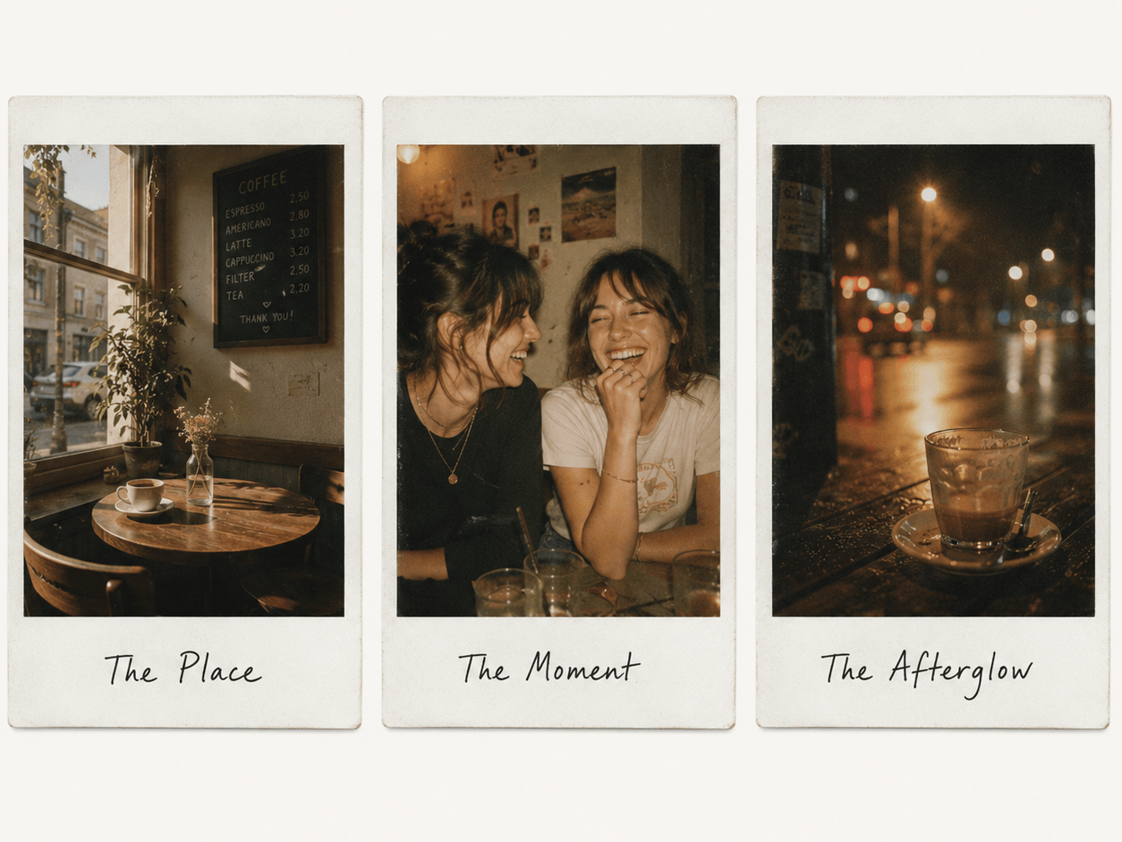 Three Polaroid-style photo frames show a nostalgic visual story: a cozy café corner, two friends laughing together, and a quiet coffee-by-the-window moment at night, all with warm tones, soft grain, and white instant-film borders.
