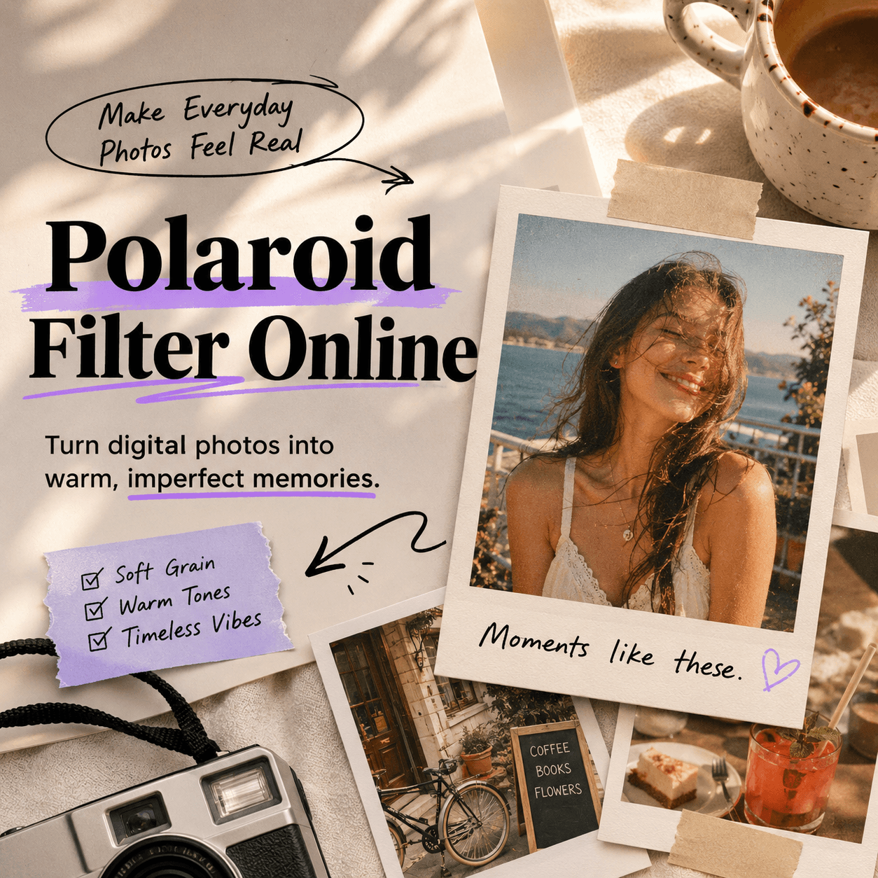 Polaroid Filter Online turns a sunny portrait and everyday café photos into warm instant-film memories with soft grain, faded tones, and white borders.