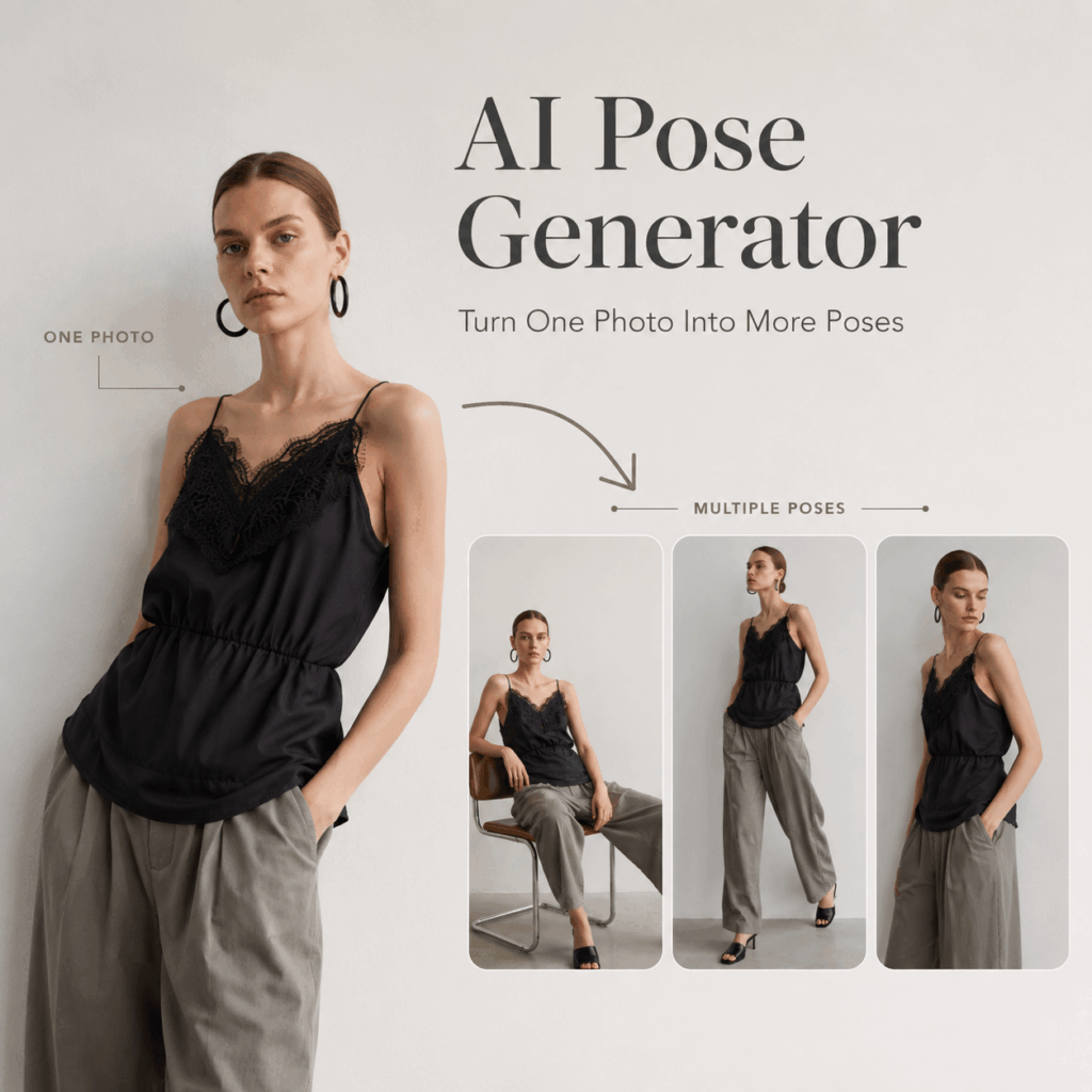 AI Pose Generator for Multiple Photo Poses – WeShop AI Blog AI Pose Generator turning one fashion photo into seated, standing, walking, and side pose variations of the same model.