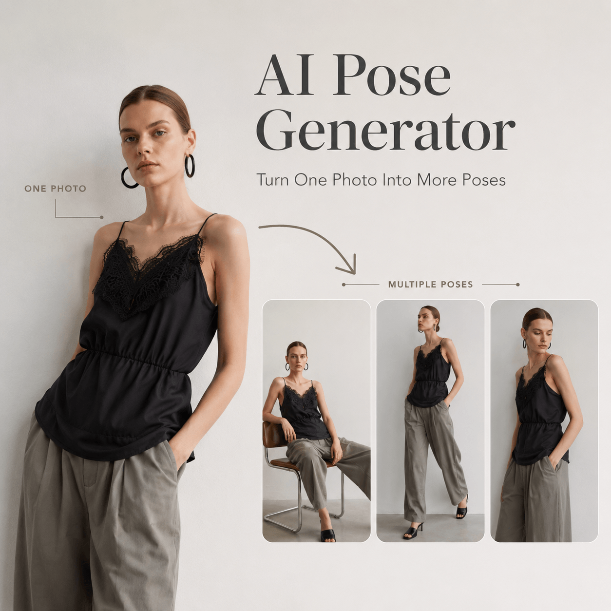 AI Pose Generator turning one fashion photo into seated, standing, walking, and side pose variations of the same model.