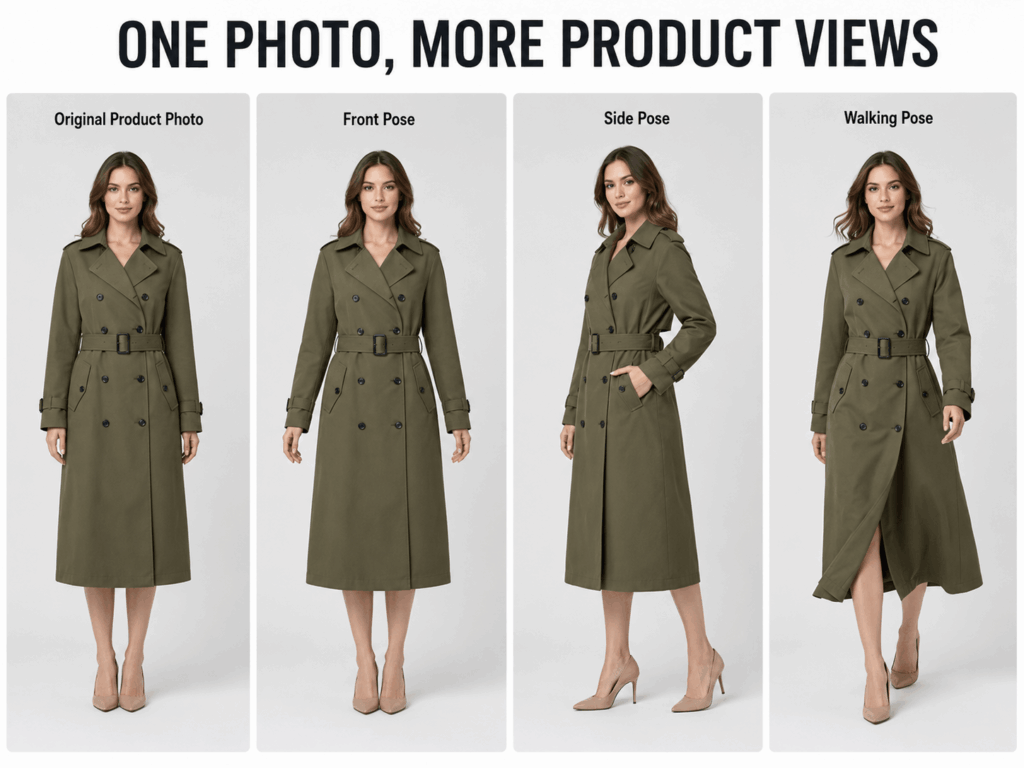 ChatGPT Image 2026年7月20日 23_58_04 1 – WeShop AI Blog AI Pose Generator for ecommerce showing one model in an olive green trench coat across original, front, side, and walking product poses.
