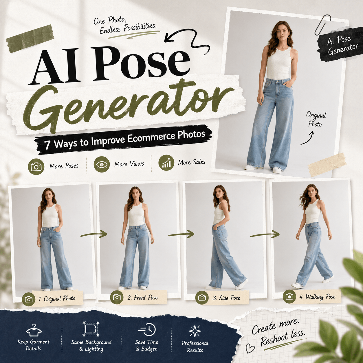 AI Pose Generator showing one ecommerce model photo transformed into front, side, and walking pose variations while keeping the same outfit, background, and lighting.