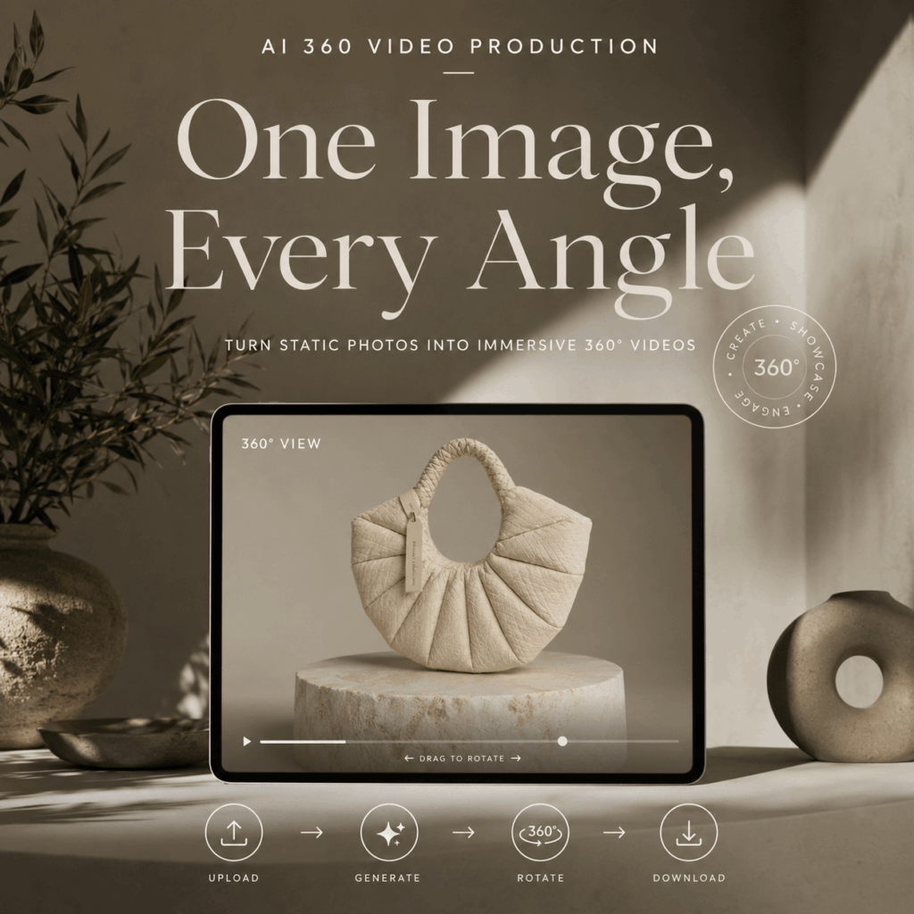 A sculptural beige handbag displayed on a tablet in a warm editorial studio, illustrating the AI 360 Video Production workflow.